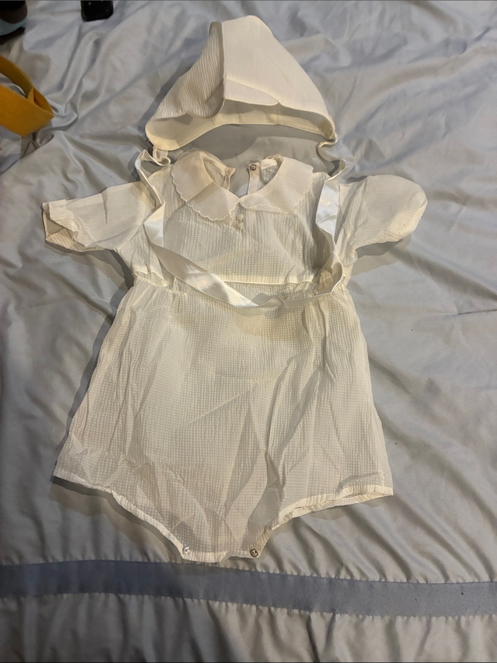 Vintage White  Christening One-Piece Romper with matching Bonnet